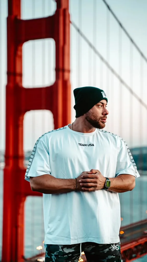 In a Team USA tee at the Golden Gate